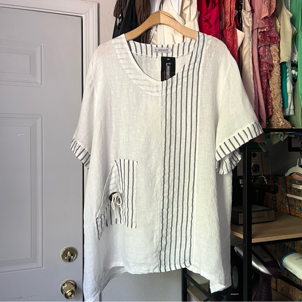 NWT TRANSPARENTE white linen stripe lagenlook boxy‎ oversized shirt